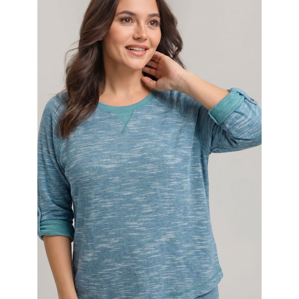 LL Bean Women M Teal Space Dye Slub Knit Roll Tab Sweatshirt‎ 288996 Excellent